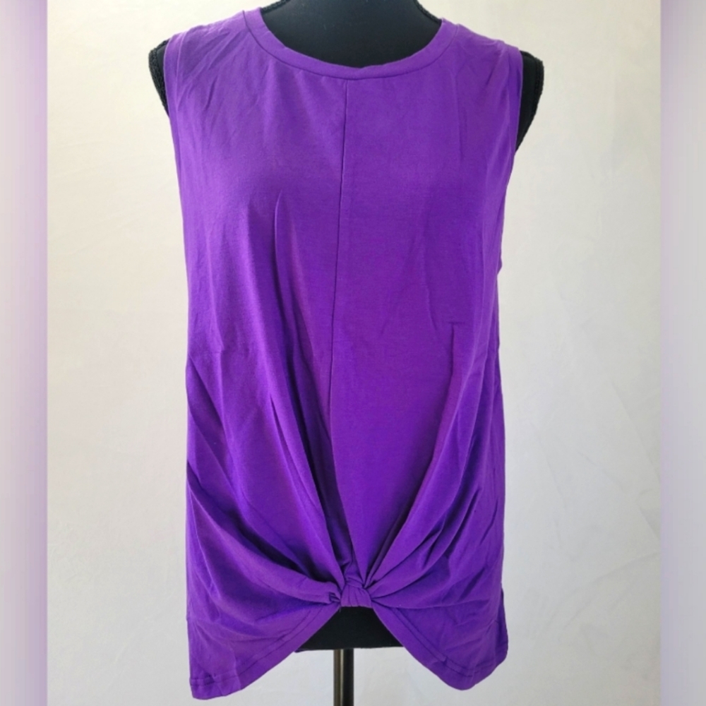 Berryou Women’s Sleeveless Tank Purple Tie Knot Front Loose T Shirt Round Neck